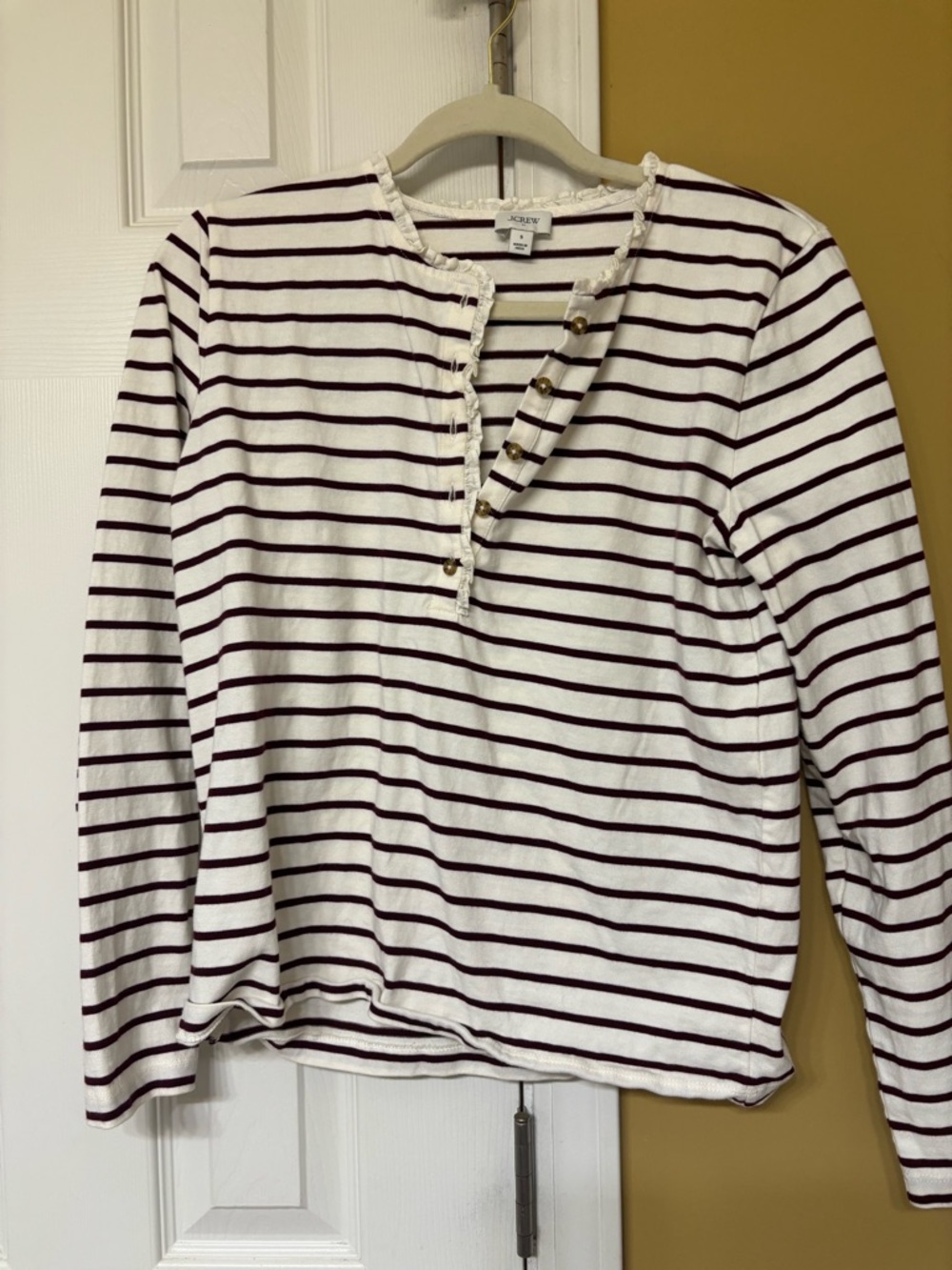 J. Crew White and Burgundy Striped Long-Sleeve Henley Top